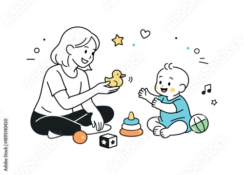 Mother and Baby Playtime. Mother and baby playtime. Mother playing with her baby using simple toys, smiles and light movement. Joyful interaction and early