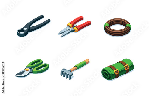 Bonsai Tool Icons. Bonsai Tools. Isometric flat vector icons set of Bonsai Tools: concave branch cutter, trimming shears, wire roll coil, pruning scissors,