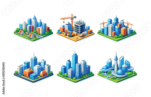 Isometric City Expansion. City growth. Isometric flat vector icons set of City growth: expanding city skyline, construction city panorama, growing urban