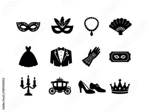 Masquerade Icon Set. Masquerade outfits. Solid icon set of masquerade outfits: ornate mask, feather mask, beaded necklace, plume fan, ball gown silhouette,