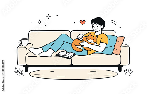 Cozy Sofa Scene. Home comfort lifestyle illustration. Minimal sofa scene with a person lounging with a pet and soft pillows, creating a peaceful and relaxed