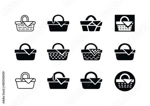 Picnic Basket Logos. Picnic basket. Icon set. Set Logo of picnic basket: classic wicker picnic basket. harmonious logo variations of the same emblematic