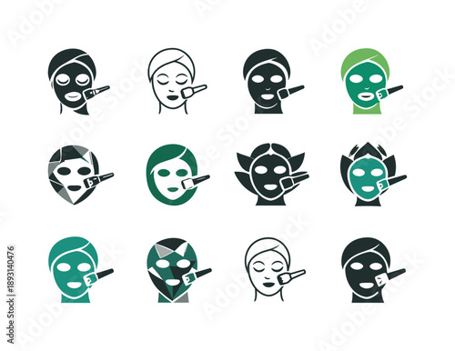 Facial Mask Icons. Facial mask. Icon set. Set Logo of facial mask: mask applied with brush tool. harmonious logo variations of the same emblematic concept,