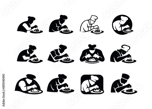 Chef's Artistic Touch. A chef adding garnishes to a dish for presentation. Icon set. Set Logo of A chef adding garnishes to a dish for presentation: final