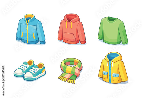 Isometric Spring Icons. SpringWear. Isometric flat vector icons set of spring wear: light jacket, hoodie, long sleeve shirt, casual sneakers, spring scarf,
