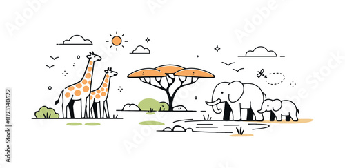 Serene Savanna Scene. Savanna animal habitat. Giraffes, elephants, and trees arranged in an open landscape with wide spacing. Warm, calm wildlife scene and