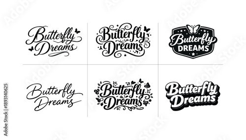 Butterfly Lettering Variations. Butterfly Dreams. Set lettering. harmonious lettering variations of the same emblematic concept, each with different artistic