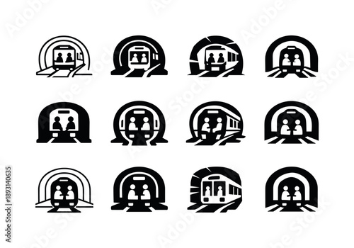 Subway Train Logos. A subway train moving through underground tunnels, with passengers inside. Icon set. Set Logo of a subway train moving through underground