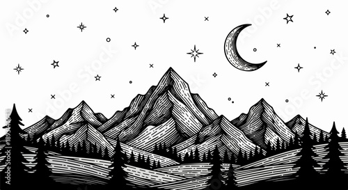 Monochromatic illustration of a mountainous landscape with a starry night sky and dense forest