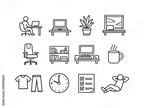 Remote Work Icons. Remote Work Lifestyle. Line icon set of Remote Work Lifestyle: person at desk, laptop on table, indoor plant, window workspace, ergonomic