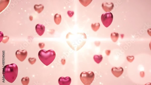 Romantic background with floating 3D metallic pink and red hearts and sparkling stars on a soft rose gold backdrop for Valentines Day and wedding celebrations