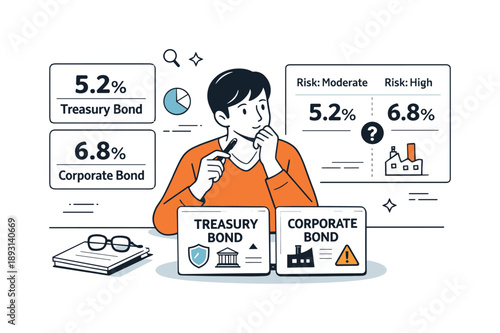 Bond Yield Analysis. Bond yield analysis. Person comparing yield numbers and bond cards on a clean dashboard, thoughtful and focused atmosphere. Editorial