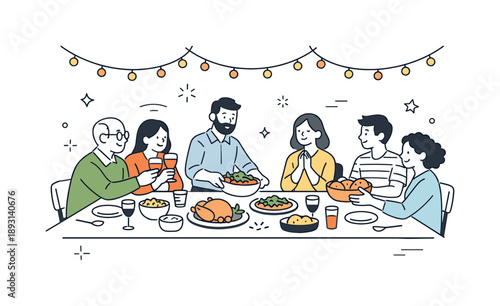 Festive Gathering Around Table. Eating together celebration. People gathered around a table with simple decorations and shared dishes, calm festive mood.