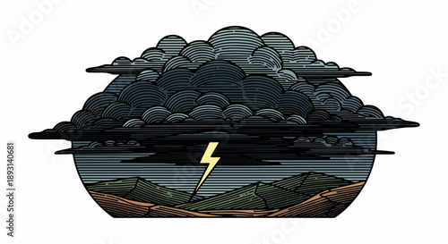 Dramatic landscape with stormy sky and rugged mountains featuring a bright yellow lightning bolt