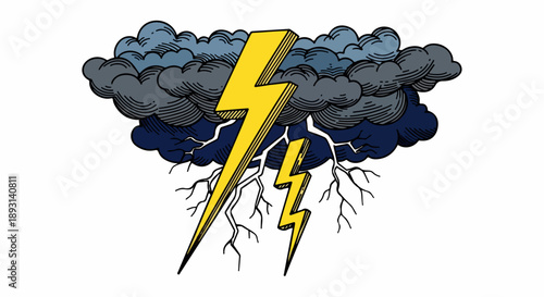 Stormy weather scene with vivid yellow lightning bolt