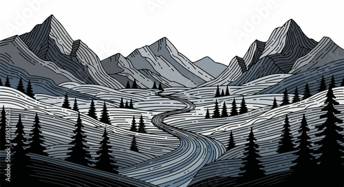 Monochromatic landscape with mountains, river, and dense forest