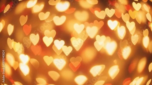 Golden heart shaped bokeh lights background for Valentines Day and romantic celebrations. Warm glowing out of focus heart patterns for festive holiday design and love concepts.