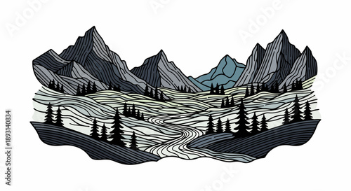 Dramatic mountainous landscape with dense forest and winding river