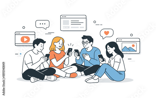 Digital Social Hangout. Digital hangout. A group of people chatting and sharing screens with each other while holding smartphones. The scene suggests social