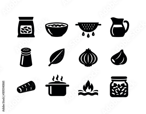 Dry Beans Icon Set. Dry beans preparation. Solid icon set of Dry beans preparation: dry beans pack, soaking bowl, rinsing colander, water jug, salt container,