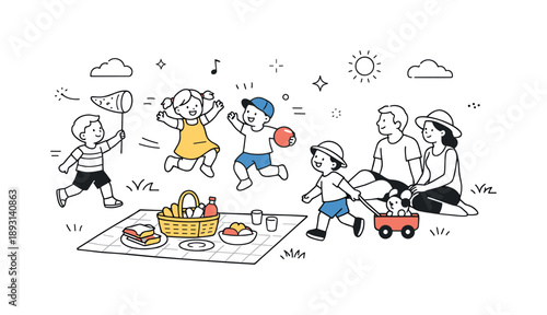 Playful Park Picnic. Picnic in park children play. Kids playing near a picnic blanket while adults watch nearby. Light movement, joy, and carefree summer