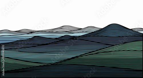 Expansive landscape of rolling hills and distant mountains with intricate parallel lines