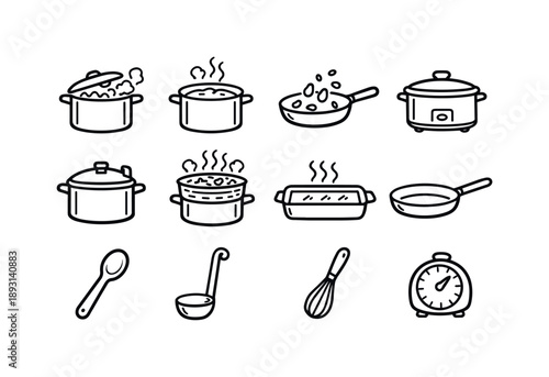 Bean Cooking Icons. Bean Cooking Methods. Line icon set of Bean Cooking Methods: boiling pot, simmering pot, saute pan, slow cooker, pressure cooker, steaming