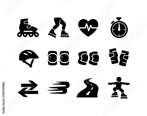 Fitness Skating Icons. Fitness Skating. Solid icon set of Fitness Skating: inline skates, athletic legs, heart rate icon, timer clock, helmet, knee pads, elbow