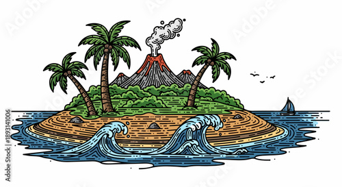 Tropical island with active volcano and lush vegetation