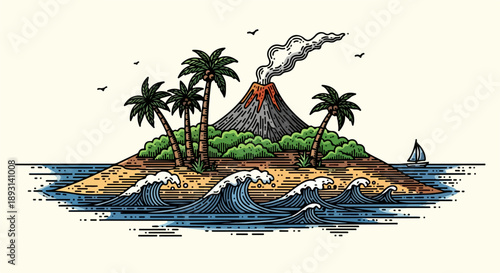 Tropical island with a central volcano and lush greenery