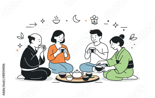Cultural Tea Gathering. Cultural tea ceremony. Several participants sitting together around tea cups, sharing a quiet social ritual. The illustration