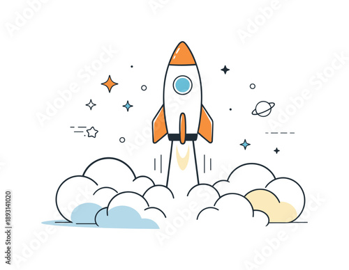 Minimal Rocket Launch. Rocket launch concept. A minimal rocket lifting off with soft smoke clouds and stars in the background. Feeling of ambition, progress,