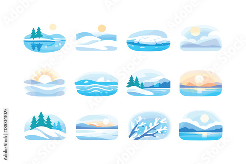 Frozen Serenity Icons. Frozen serenity. Colorful flat vector icons set of frozen serenity: calm frozen lake, minimal winter scene, soft snow cover, quiet ice