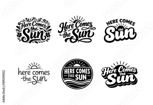 Sun-Themed Lettering Styles. Here Comes the Sun. Set lettering. harmonious lettering variations of the same emblematic concept, each with different artistic