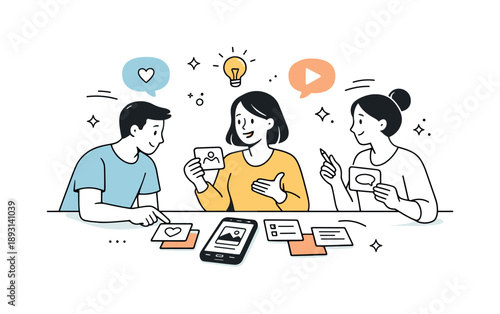 Creative Content Planning. Social media content planning. Team discussing visuals and captions around cards and a smartphone, calm collaboration and creative