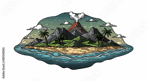 Tropical island with lush vegetation, calm waters, and a volcanic mountain range
