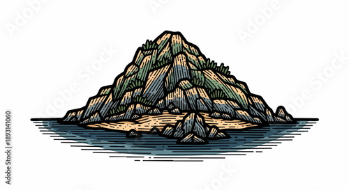Rugged isolated island with lush green vegetation and rocky outcrops surrounded by blue water