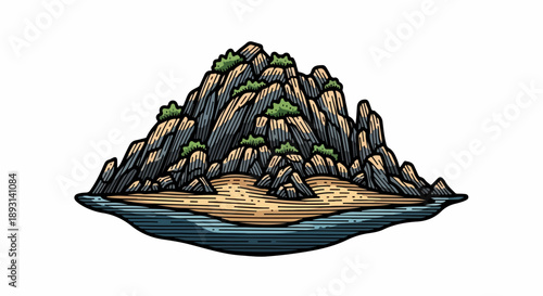 Rugged mountainous island with jagged rock formations and sparse green foliage emerging from calm blue water