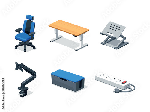 Ergonomic Workstation Icons. Workstation. Isometric flat vector icons set of workstation: ergonomic office chair, adjustable desk, laptop stand, monitor arm,