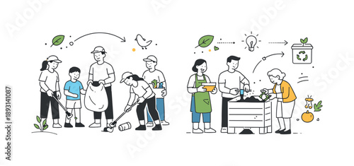 Eco-Friendly Engagement. Eco-friendly community projects. Residents participating in clean-up drives or composting workshops, subtle decorative shapes showing