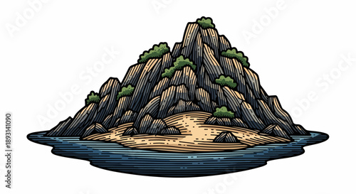 Rugged isolated island rising from calm water with craggy peaks and sparse green foliage