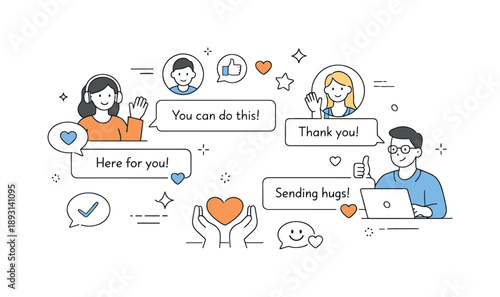 Supportive Online Community. Online support community. People offering help and encouragement through messages and reactions, creating a warm and safe digital