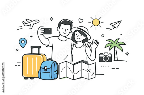 Couple's Travel Selfie. Travel memories as a couple. Partners standing near luggage and a map, taking a selfie during vacation. Relaxed joy, exploration, and