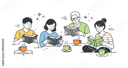 Peaceful Reading Moment. Book club meeting reading time. Participants quietly reading books with cups of tea or coffee nearby. Peaceful atmosphere and focused