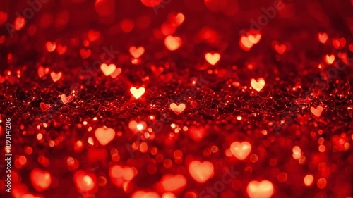 Red heart shaped bokeh lights on a dark background for Valentines Day and romantic celebrations. Abstract glowing glitter texture with soft focus hearts.