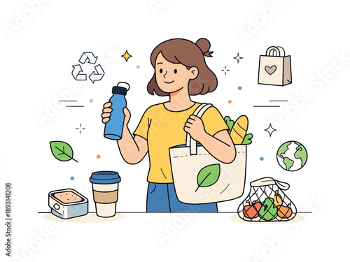 Sustainable Minimalism Scene. Sustainable minimalism ? reduced waste lifestyle. Person using reusable items like bottles or bags, simple everyday