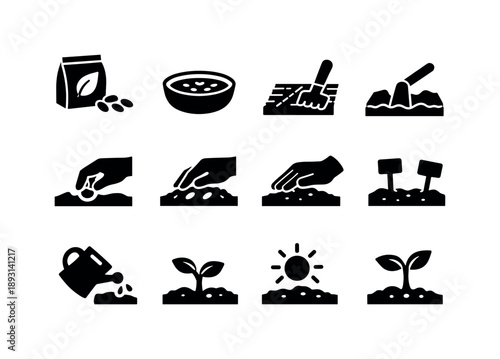 Seed Planting Icons. Seed planting process. Solid icon set of Seed planting process: seed selection, seed soaking, row marking, furrow line, finger planting,