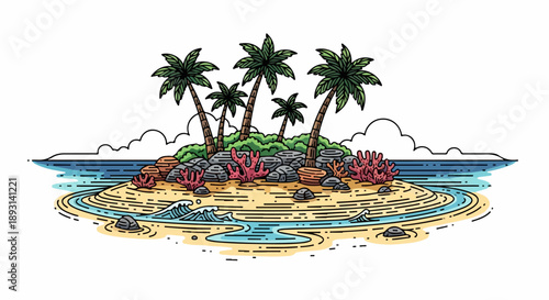 Tropical island scene with sandy beach, palm trees, and blue water