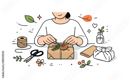 Mindful Eco-Gift Wrapping. Eco-friendly gifts. A person wrapping a reusable gift with recycled paper and natural decorations, showing mindful and sustainable