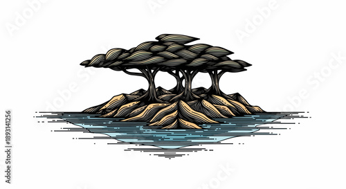 Solitary tree with gnarled trunk and sprawling branches on a rocky island in a tranquil landscape illustration